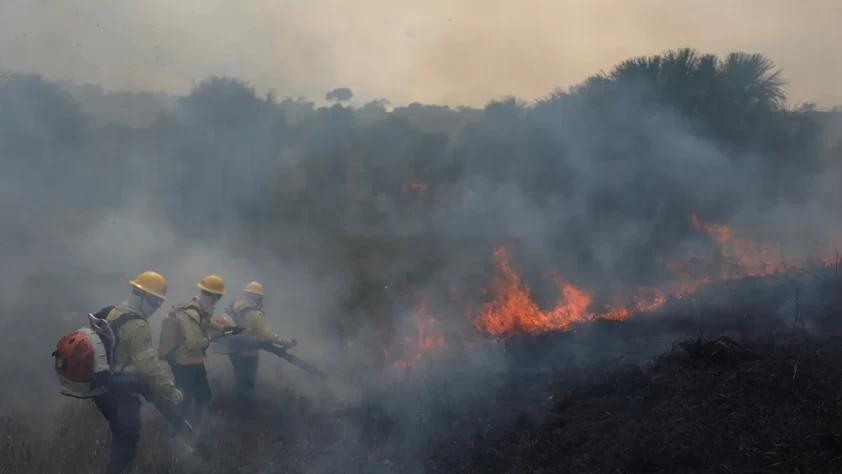 Brigadistas do Ibama tentam controlar fotos de queimada durante incêndio na Amazônia, em Apuí, no estado do Amazonas (foto de setembro de 2021). — Foto: REUTERS/Bruno Kelly/File Photo/File Photo/File Photo